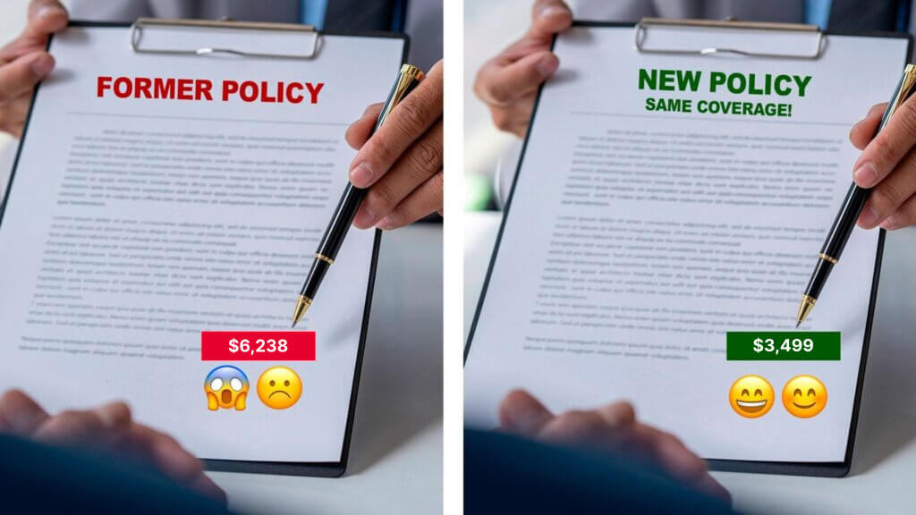 A comparison of home insurance policies where the old one costs $6,238 and the new one costs $3,499
